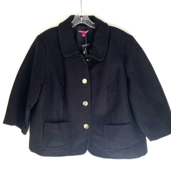 Jessica London Black Cropped Jacket 100% Cotton Lined 3/4 Sleeve 22 NWT - Picture 3 of 7